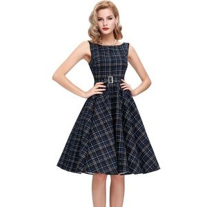 Plaid sleeveless swing dress with belt